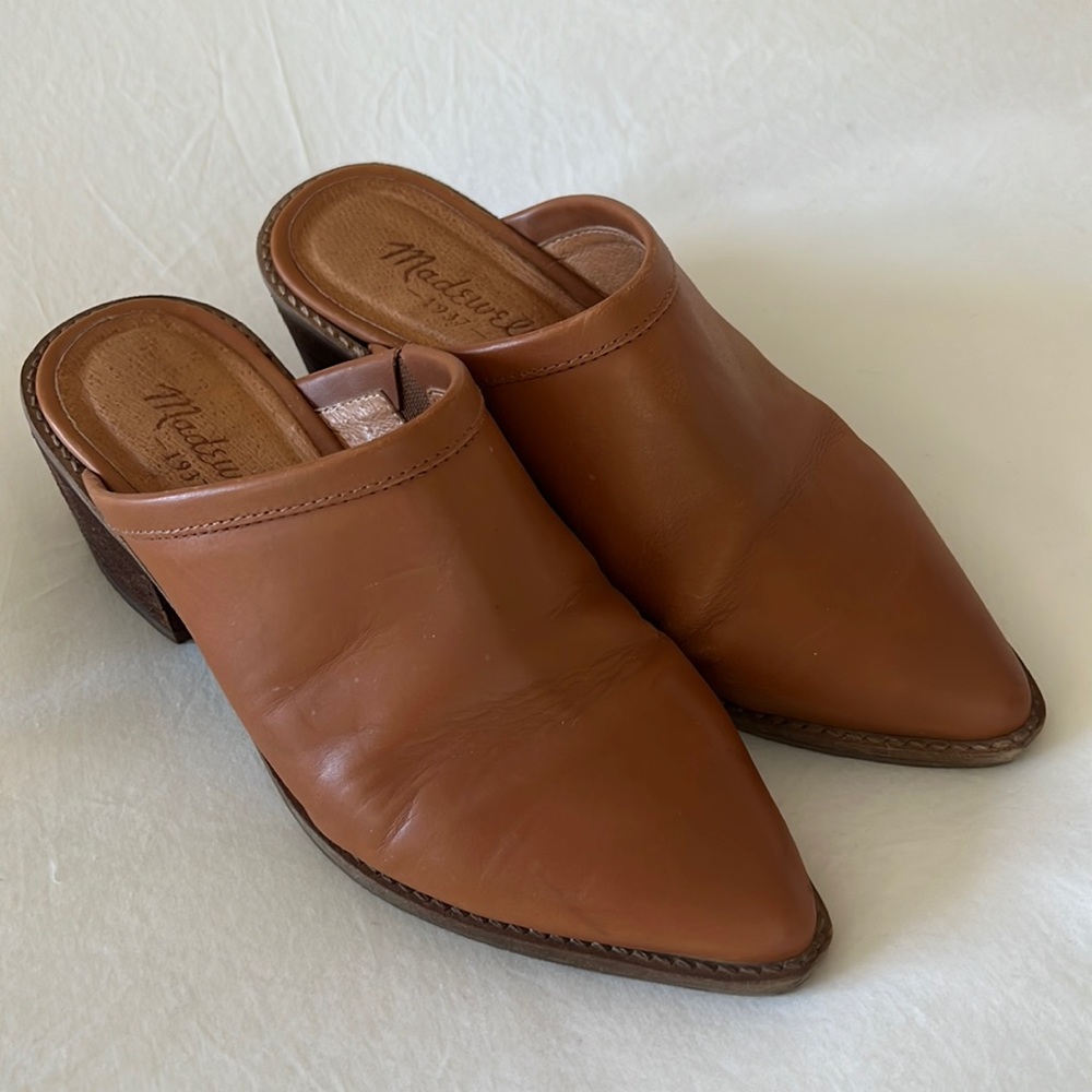 Saddle tan leather mules with stacked 2 1/4” wooden heel - comfortable